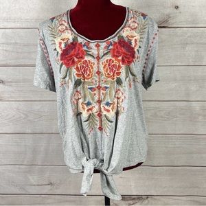 Johnny Was Embroidered Floral Short Sleeve Front Tie Shirt